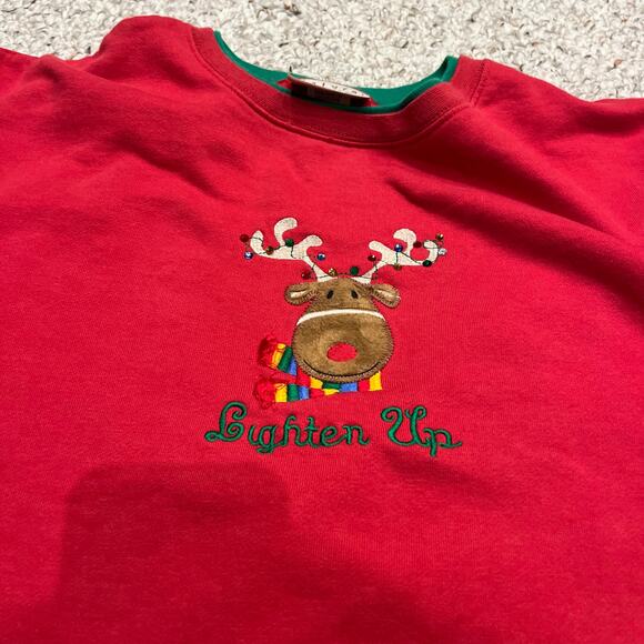 Christmas Novelty Sweatshirt Sz L Reindeer "Lighten Up" Embroidered Vintage - Picture 4 of 7